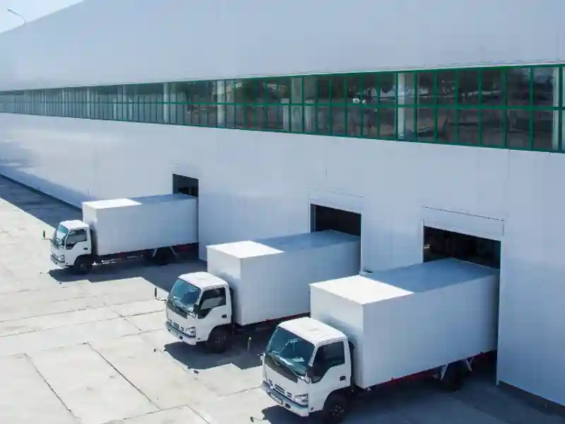 facade of an industrial building and warehouse with freight cars in length