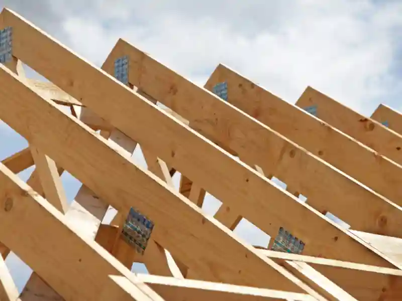 Construction of a wooden roof frame underway