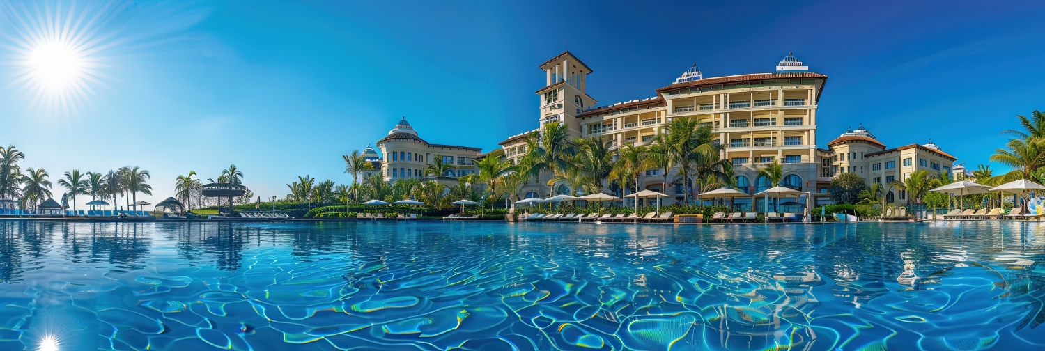 Large resort on the water with blue, sunny skies.
