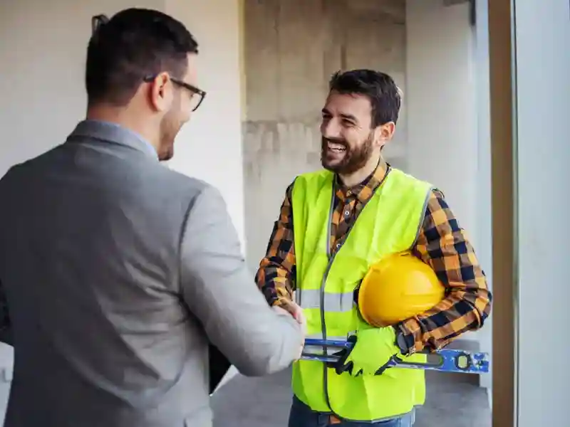 A man in a suit shaking hands with a construction worker.
