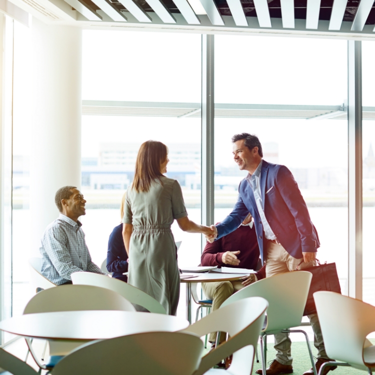 Professionals shaking hands after closing a deal.