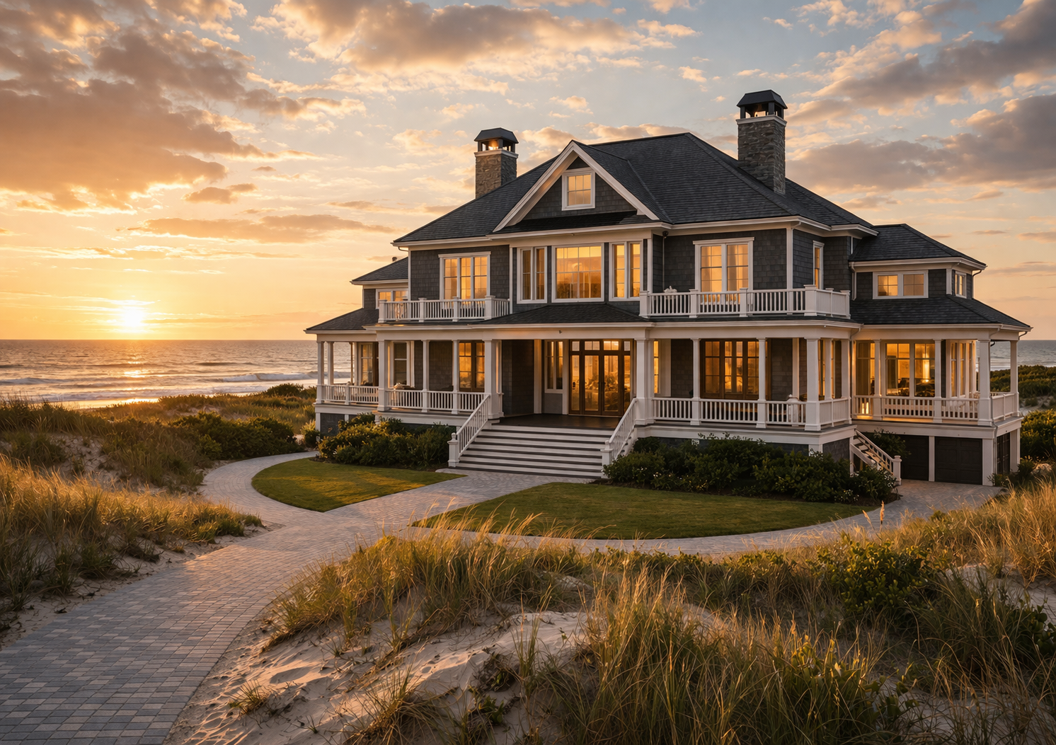 Grand beachfront house with wraparound porch at sunset. Warm light reflects off tall windows, surrounded by sand dunes and ocean. Peaceful ambiance.