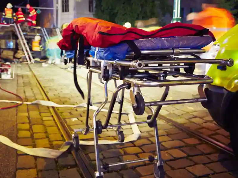 EMS medical professionals on the site of an auto accident with a stretcher.